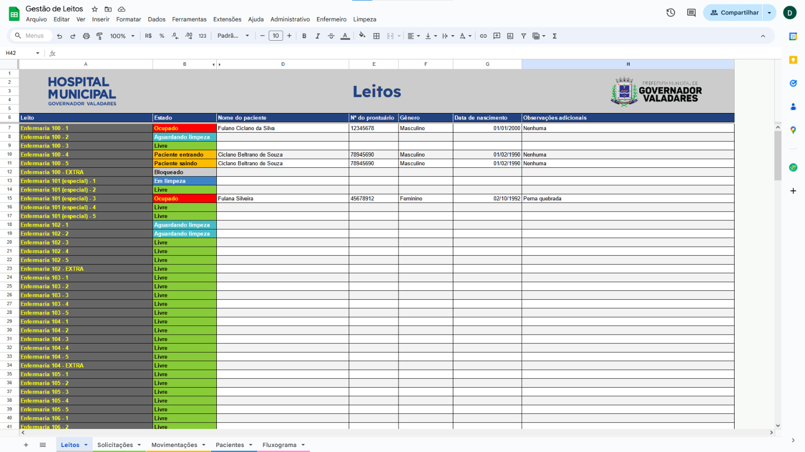 Planilha Inteligente de Gestão de Leitos