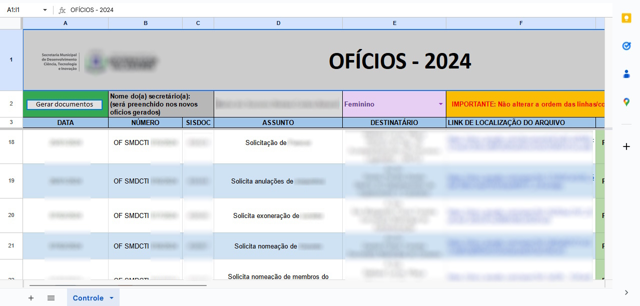 Planilha de Ofícios